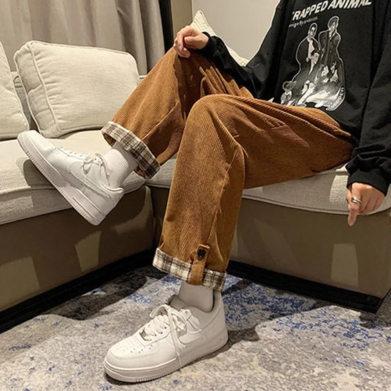 Winter Corduroy Fleece Pants Men's Loose Wide-leg Casual Pants Checkered Straight Korean Harajuku Fashion Joggers Trousers