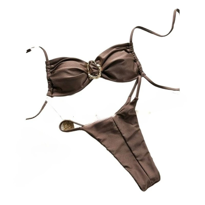 2026 Cross-border European and American Swimsuits Split Solid Color with Light Double Fabric Sexy Bikini  Foreign Trade Bikini