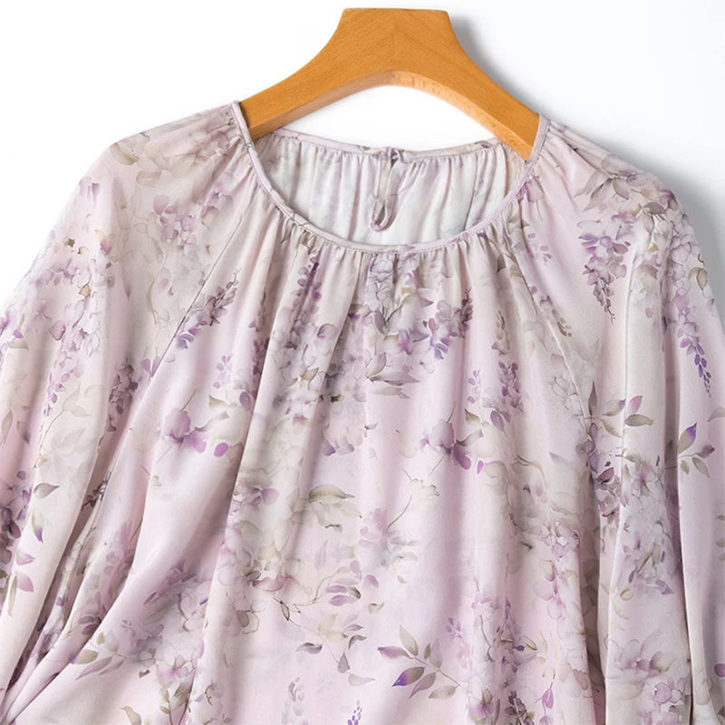 Women Silk Blouse 100% Mulberry Silk Crepe Silk Loose Type Purple Floral Printed Pullover Top Shirt Plus Size M1177