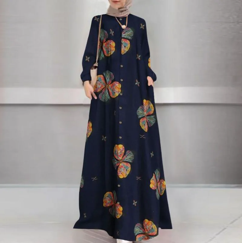 Abaya Kaftan Dress for Women, Cotton Hemp Print Robe, Muslim, Retro Long Sleeve, Islam Kaftan, Europe and America