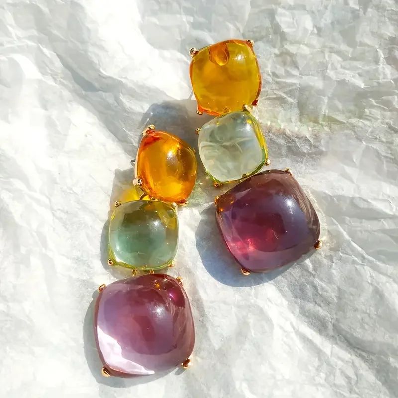 Best Lady Bohemian Ethnic Style Resin Square Shape Colorful Earrings & Necklace Jewelry Set Personality Party Favors For Women