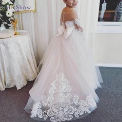 STEPHANIE Lace Tulle Flower Girls Dress Princess for Kid 2025 Cute Long Sleeves Bow Back Child Wedding Party Maxi Ball Gown