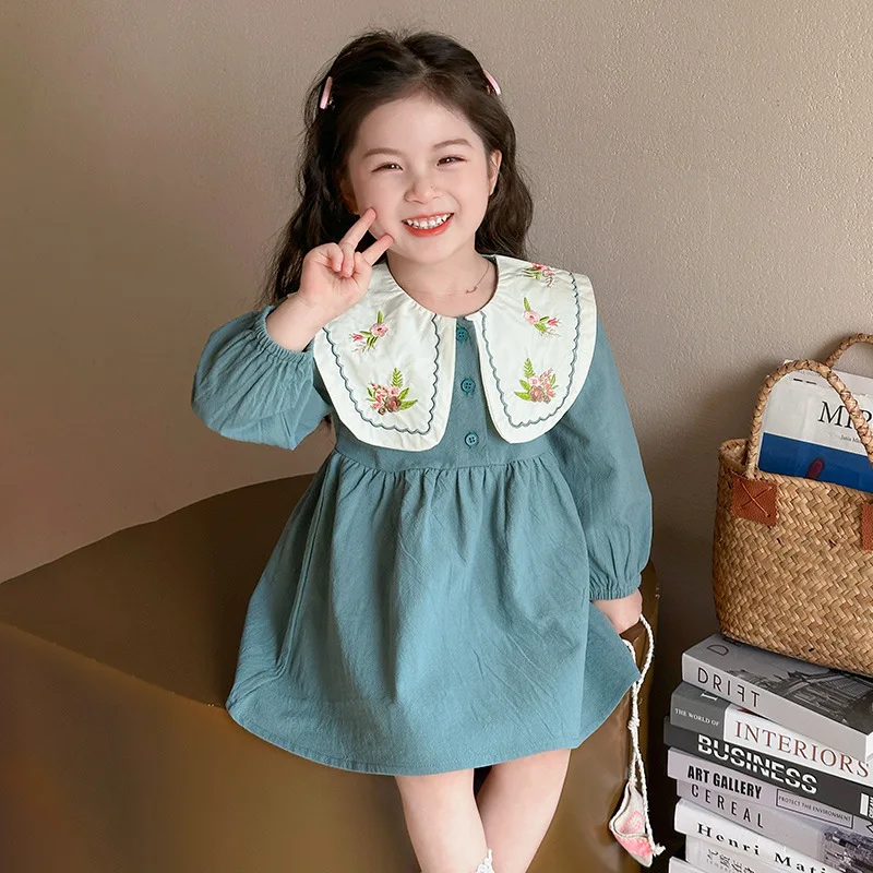 

Girls' Dress2025Spring New Baby Navy Collar Embroidered Cotton Skirt Girl Sweet Long Sleeve Princess Dress
