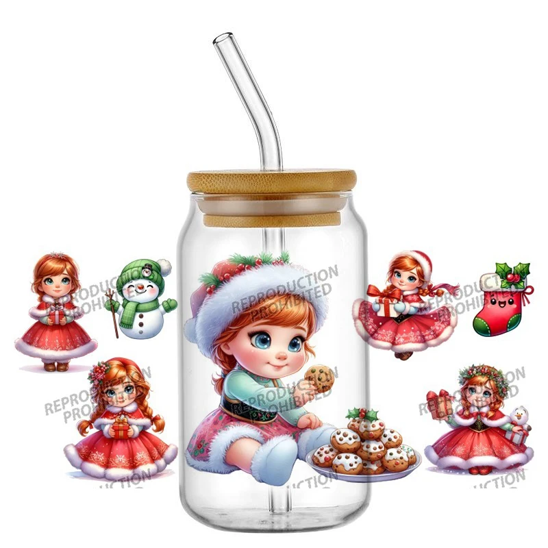 New Cute Princess Christmas Decoration 16oz Libbey UV DTF Cup Wrap Transfer Custom Label DIY Logo Self adhesive Mug Decal Sticke