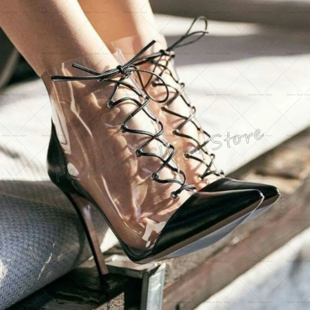 

Black Matte Leather Pointed Toe PVC Boots Lace up Women Shoes Stilettos High Heels Party Banquet Dating 2025 Zapatos Para Mujere