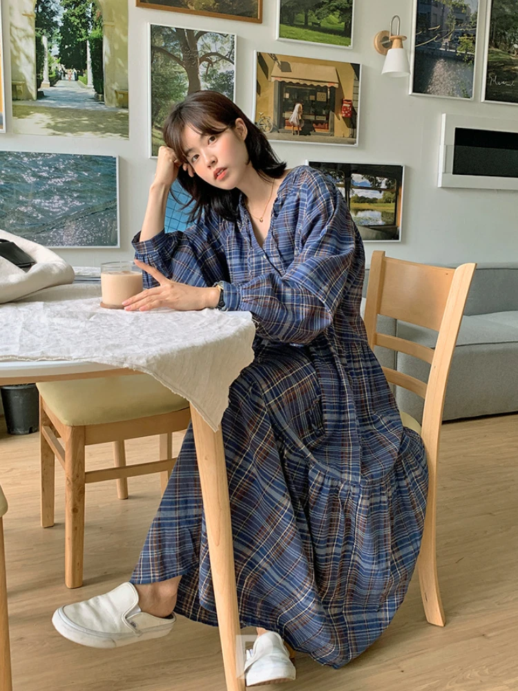 Women\'s Casual Oversized Plaid Long Shirt Dress Spring V Neck Full Sleeve Maxi Dresses Loose Waisted