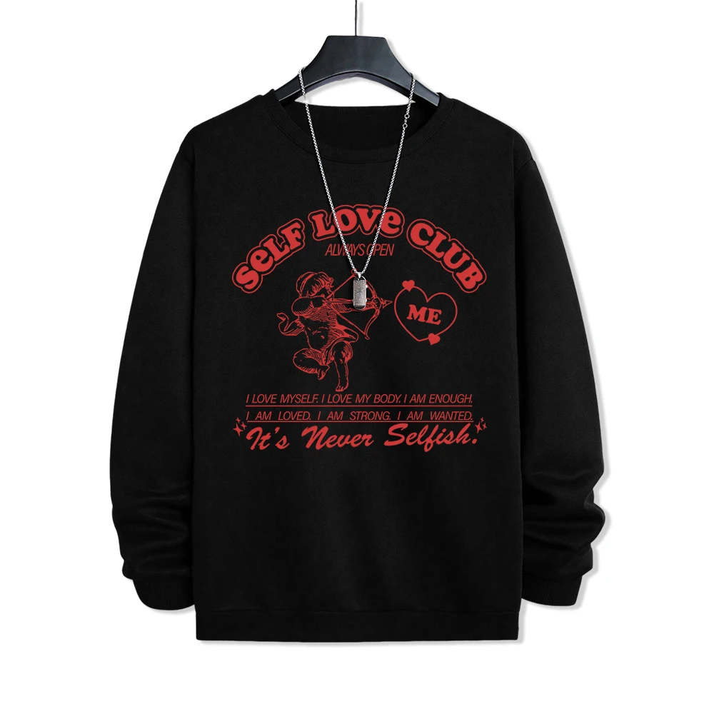 Self Love Club Cupid Printing Man Hoodie Funny Oversize Streetwear New High Quality Hoody Cute Fleece Casual Sweatshirts Mens