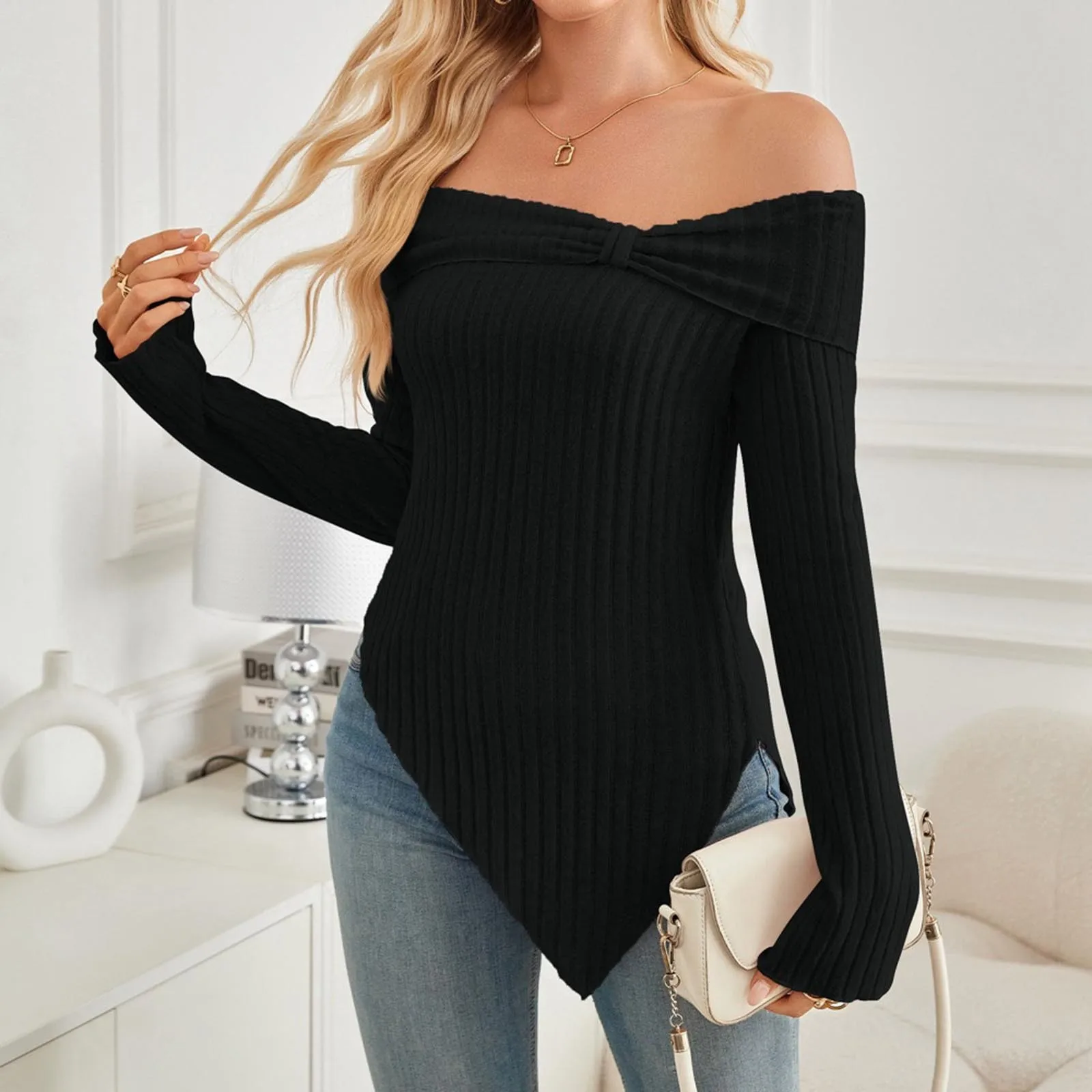 Womens Lightweight Sweaters Off The Shoulder 2024 Korea Autumn Winter Irregular Fashion European Designer Luxury Womens Clothes