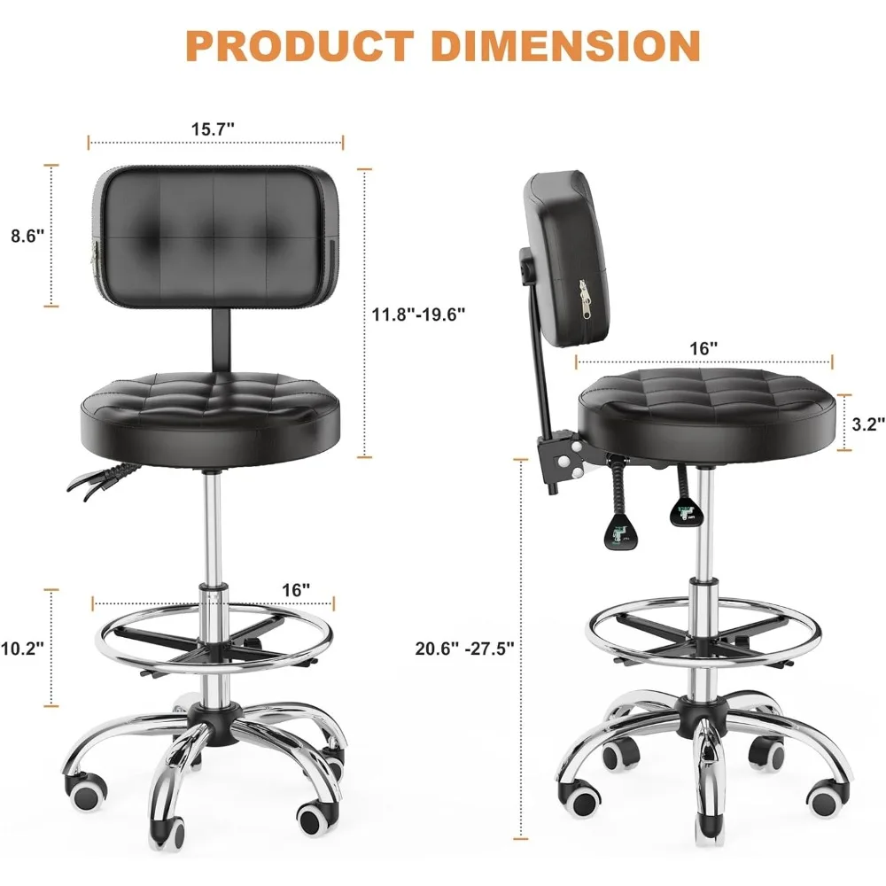 YJHome-tamborete de rolamento com rodas, tamboretes, descanso para os pés, encosto, altura ajustável, Heavy Duty, 400lbs Peso Capacidade