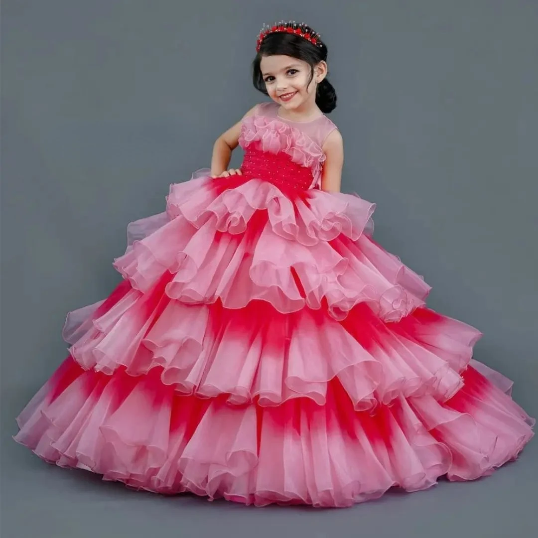 Flower Girl Dress Elegant Princess Gown In Pink And Ombre Combination With Ruffles Kids Birthday Gift First Communion Gowns