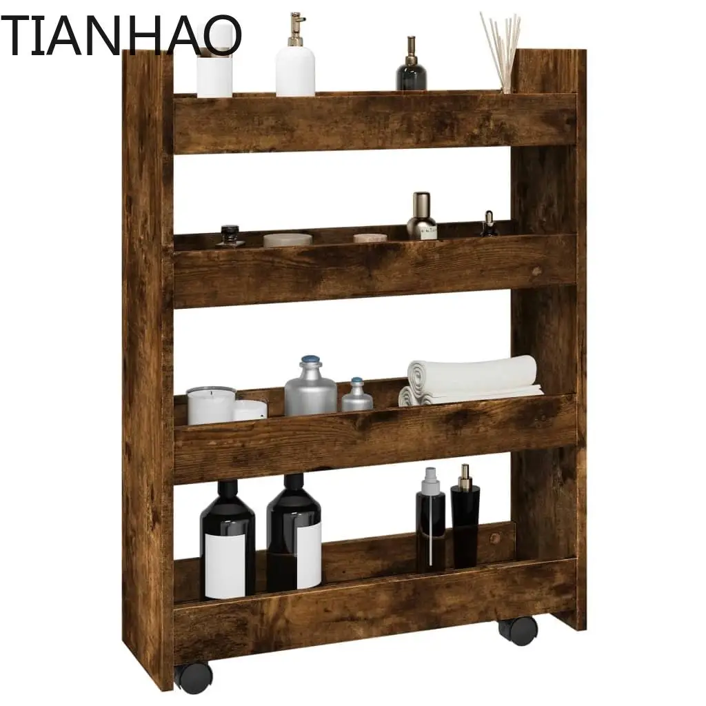 Narrow 4 Tier Storage Cart in Smoked Oak Wood Material for Organizing Home Office and Kitchen