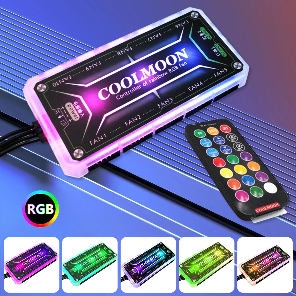 

1-5 шт. RGB-вентиляторы, пульт дистанционного управления, 12 В постоянного тока, 5 А, цветной контроллер с 10 6-контактными портами вентиляторами, 2 4-контактных портами световой панели для охлаждающих вентиляторов