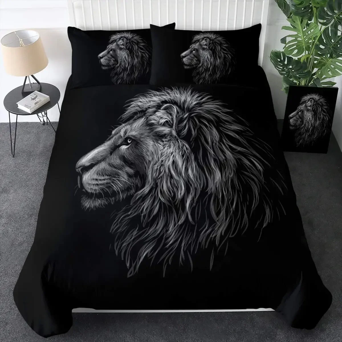 

3D Lion Duvet Cover Sets King,Vintage Lions Bedding Set Black Grey Trendy Wild Animals Comforter Cover Set for Adults Men