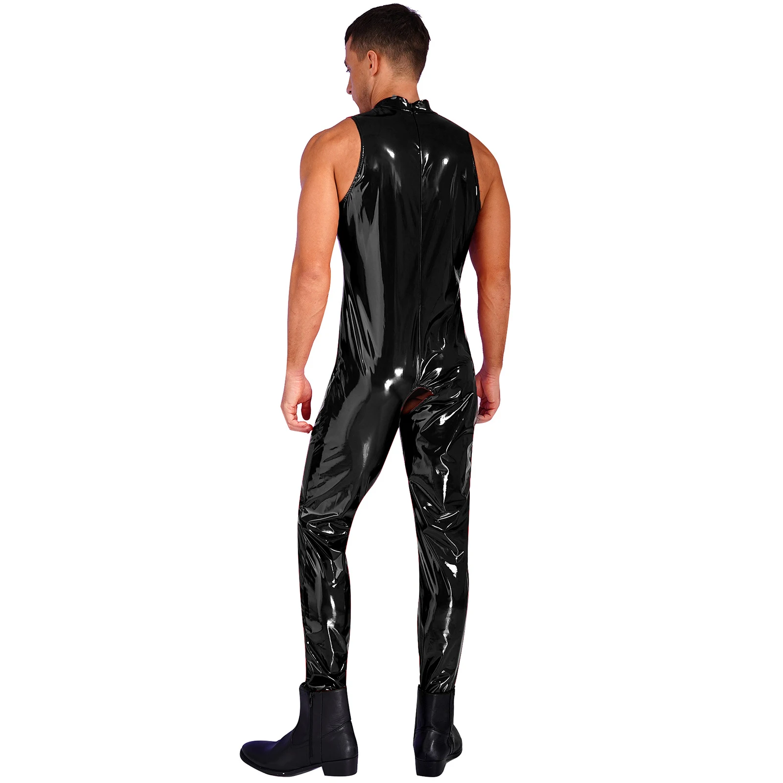 Herren glänzend glänzend Wetlook Lack leder offene Tassen Schritt ohne Bodysuit Unterwäsche ärmellose dünne Trikot Overalls Clubwear