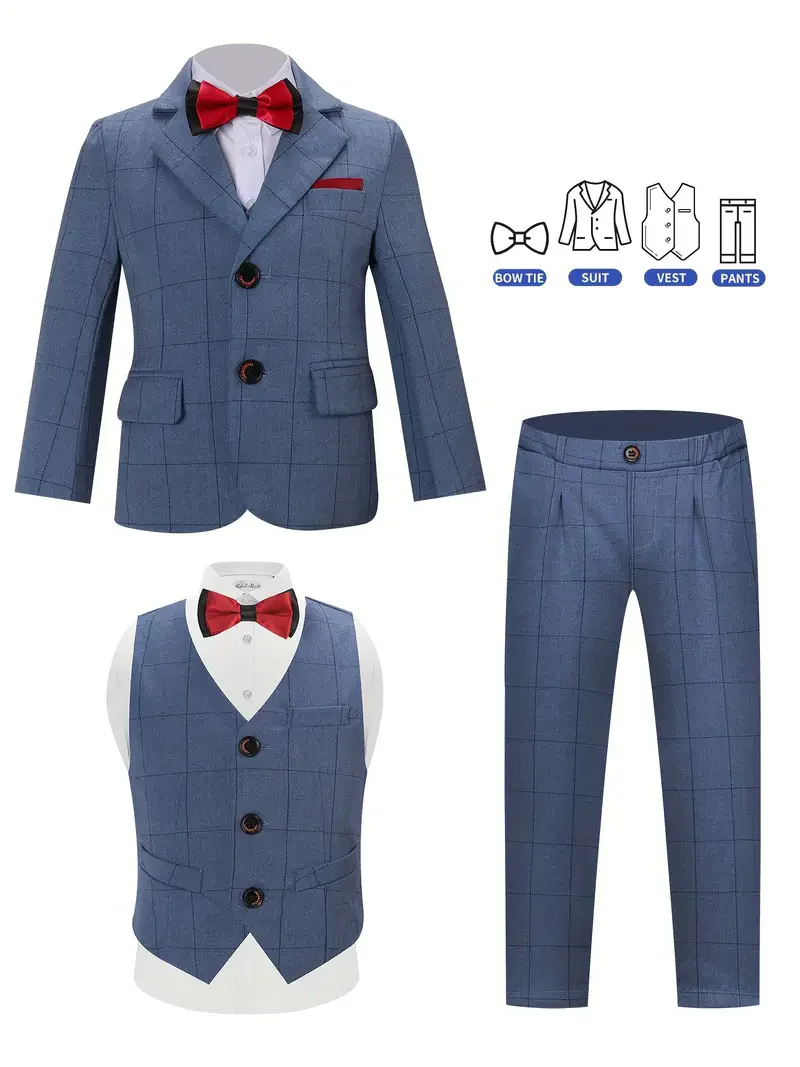 Kids Blue Piano Host Performance Costume Boys Formal Jacket Vest Pants Bowtie+Pocket Cloth 5pcs Wedding Birthday Party Dress