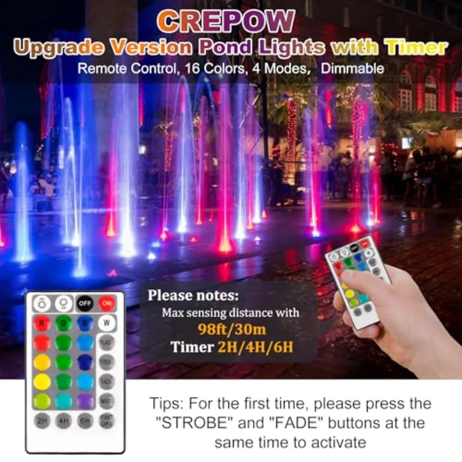 RGBW Pond Lights with Timer, LED Underwater Submersible Fountain Light, Remote Control IP68 Waterproof Color Changing Landscape