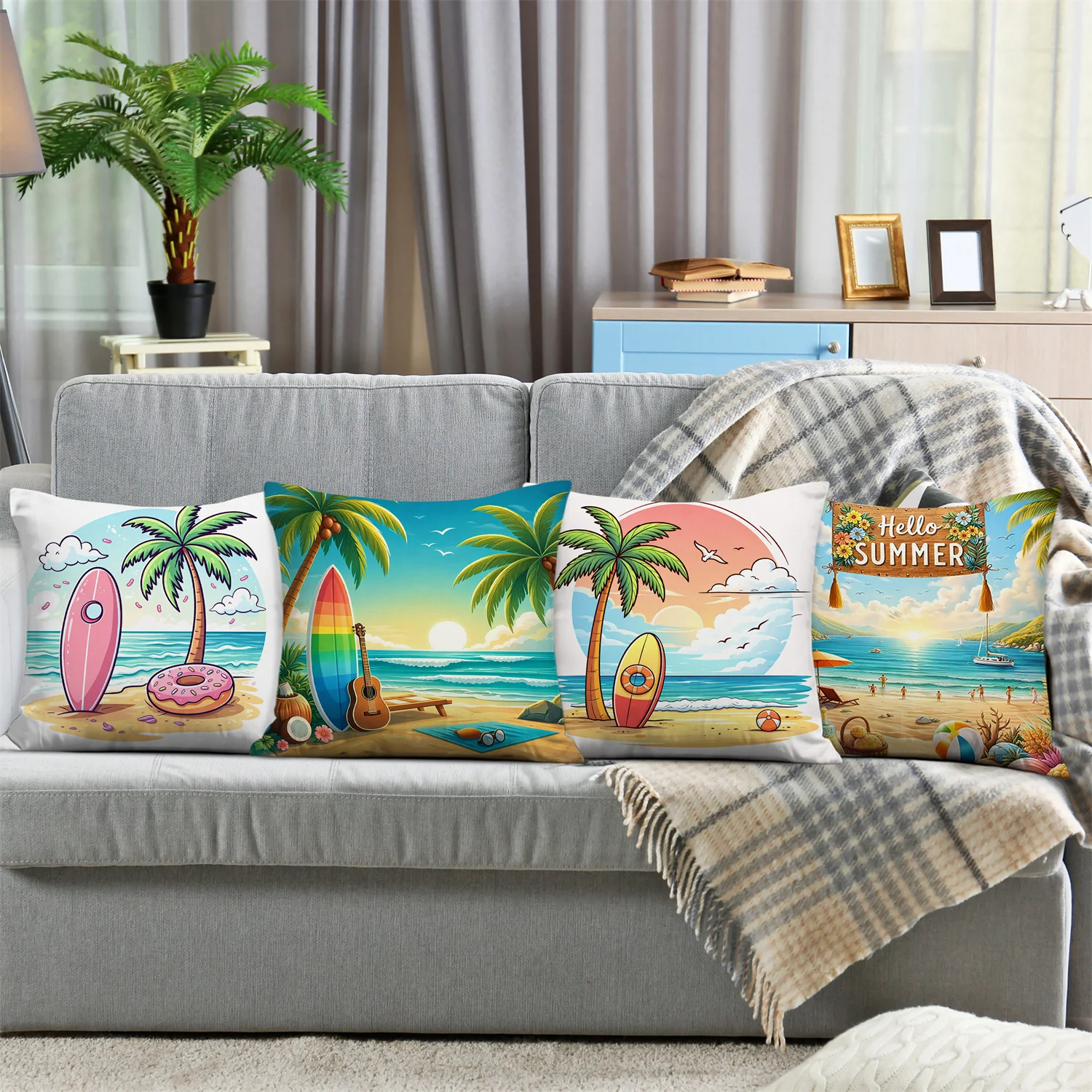 Hello Summer Beach Pillow Covers, Tropical Palm Tree Surfboard Decorative Throw Pillow Cases, Coastal Home Decor Cushion Covers