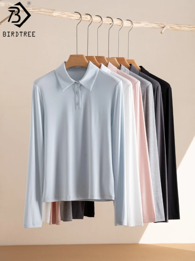 

Birdtree 6% Silk 83.5% Viscose Fiber Basics Shirt,Women Full Sleeve Polo Collar Loose Solid Knit Blouse Tops T58709JF