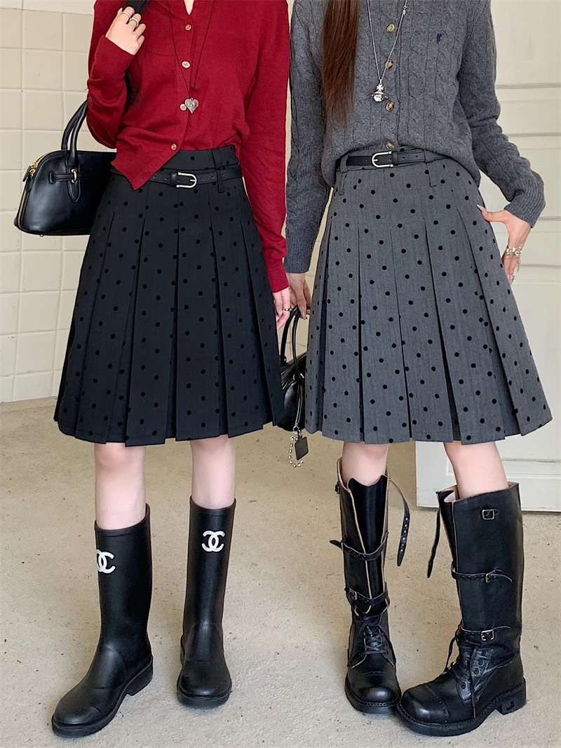 High Waist A-Line Skirt Women's Polka Dot ey Skirts Spring Summer Slimming Midi Pleated Skirts Versatile Ocns
