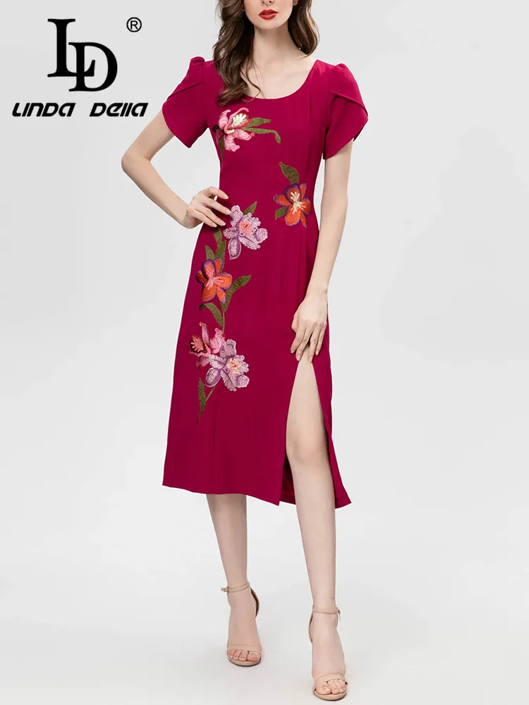 

LD LINDA DELLA 2024 Summer Runway Fashion Dress Women's Wine red Fibre Embroidery Splice High waist Slim Fit Party Slit Dresses