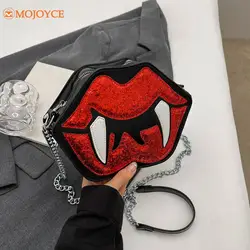 Halloween Funny Sequined Tooth Lip Sling Bags for Women Novelty Vampire PU Leather Chain Crossbody Bag Gothic Girls Shoulder Bag