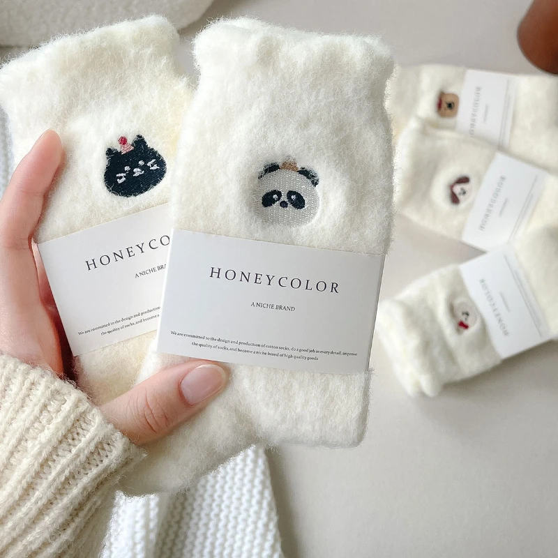 

5 пар милых детских носков из меха норки с героями мультфильмов, носки средней длины, осенне-зимние толстые плюшевые теплые удобные носки