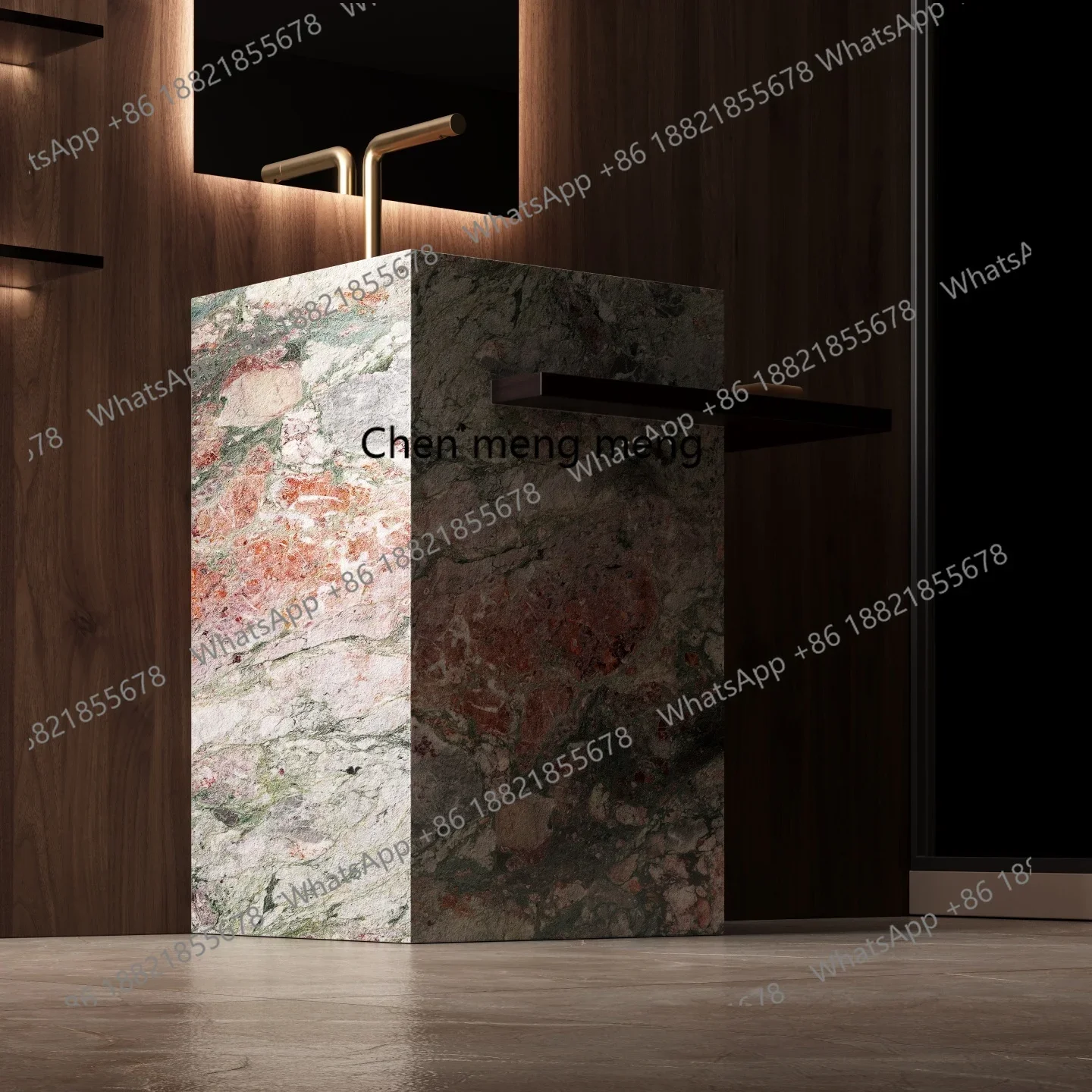 

X High-end, rock slab column basin, hand and face integrated basin hotel, outdoor courtyard floor-to-ceiling travertine balcony