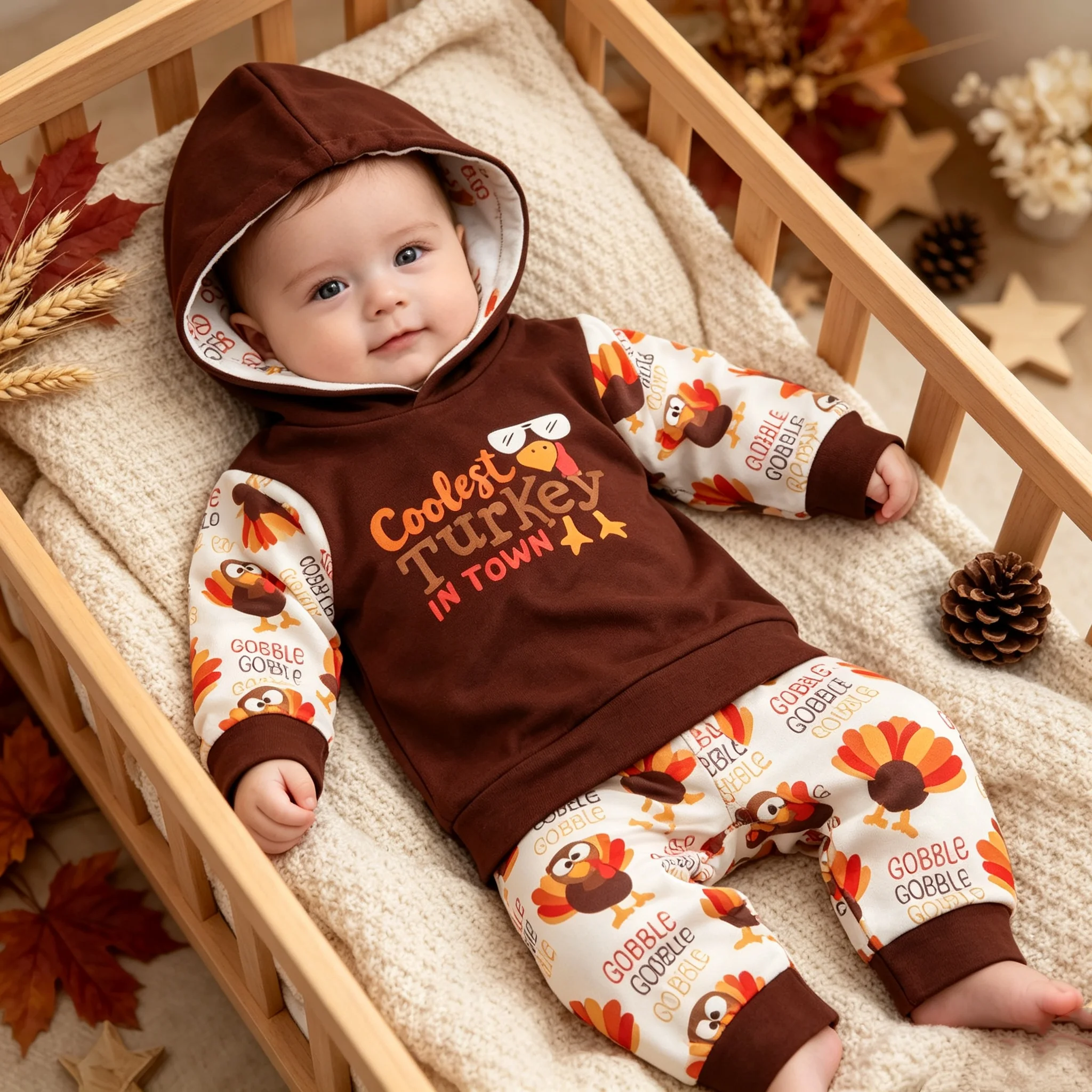 Jungen-Thanksgiving-Set mit Mütze und Sweatshirt, zweiteiliges Set für Babys, Thanksgiving-Themenkleidung, Mütze und Sweatshirt-Kombination für Babys.