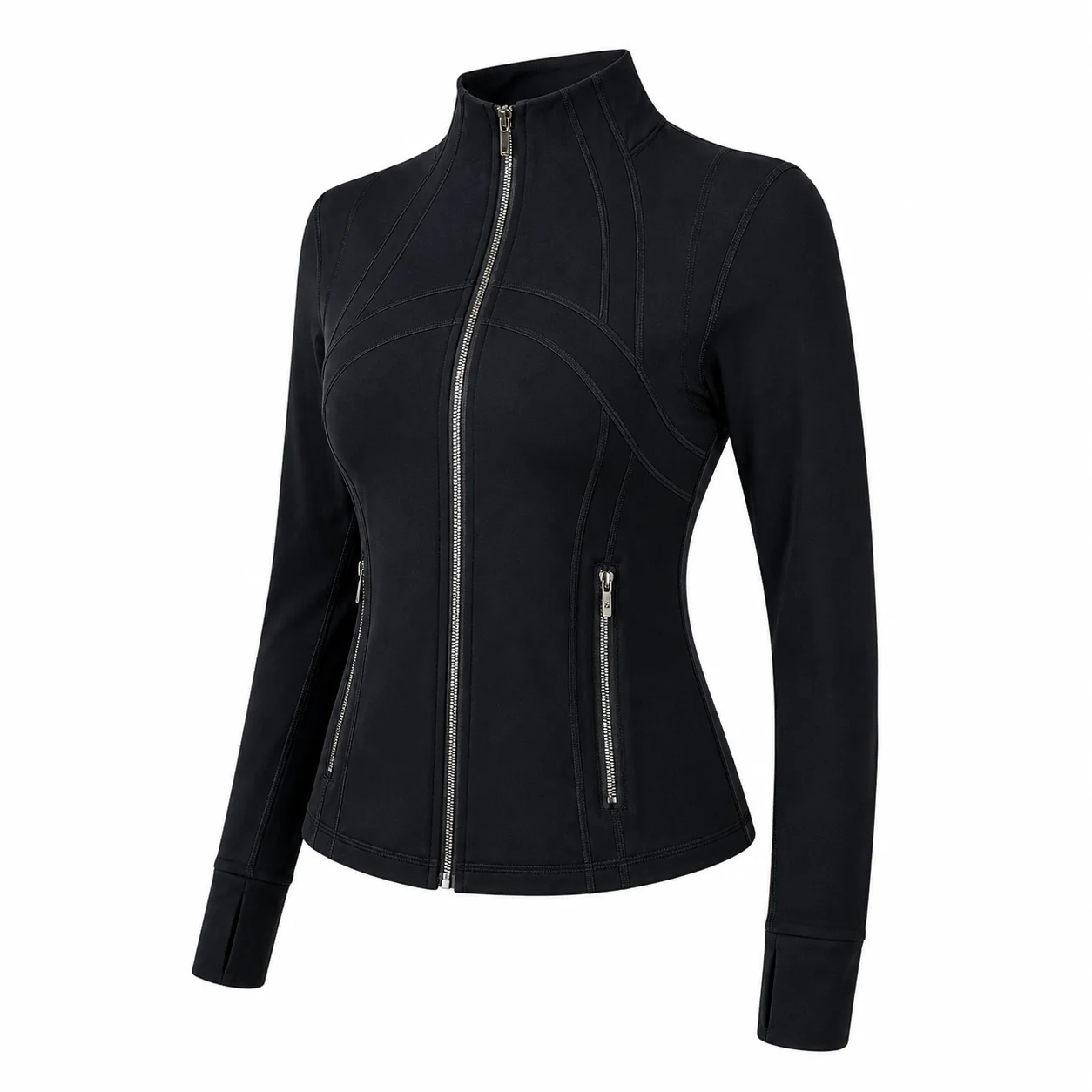 Women's Black Slim Fit Full Zip Sports Jacket Stand Collar Long Sleeve Thumbhole Workout Running Yoga Outerwear