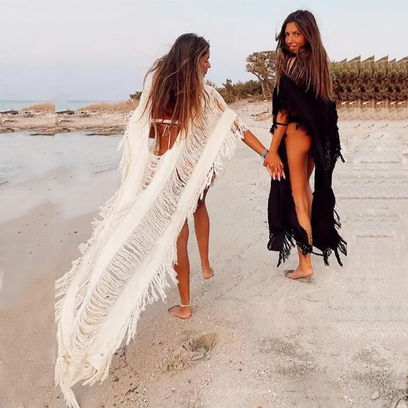 

Summer Knitted Beach Bikini Cover Ups Sleeveless Tassel Solid Cloak Dress Holiday Sexy Hollow Out Beach Bathing Vestidos 2023