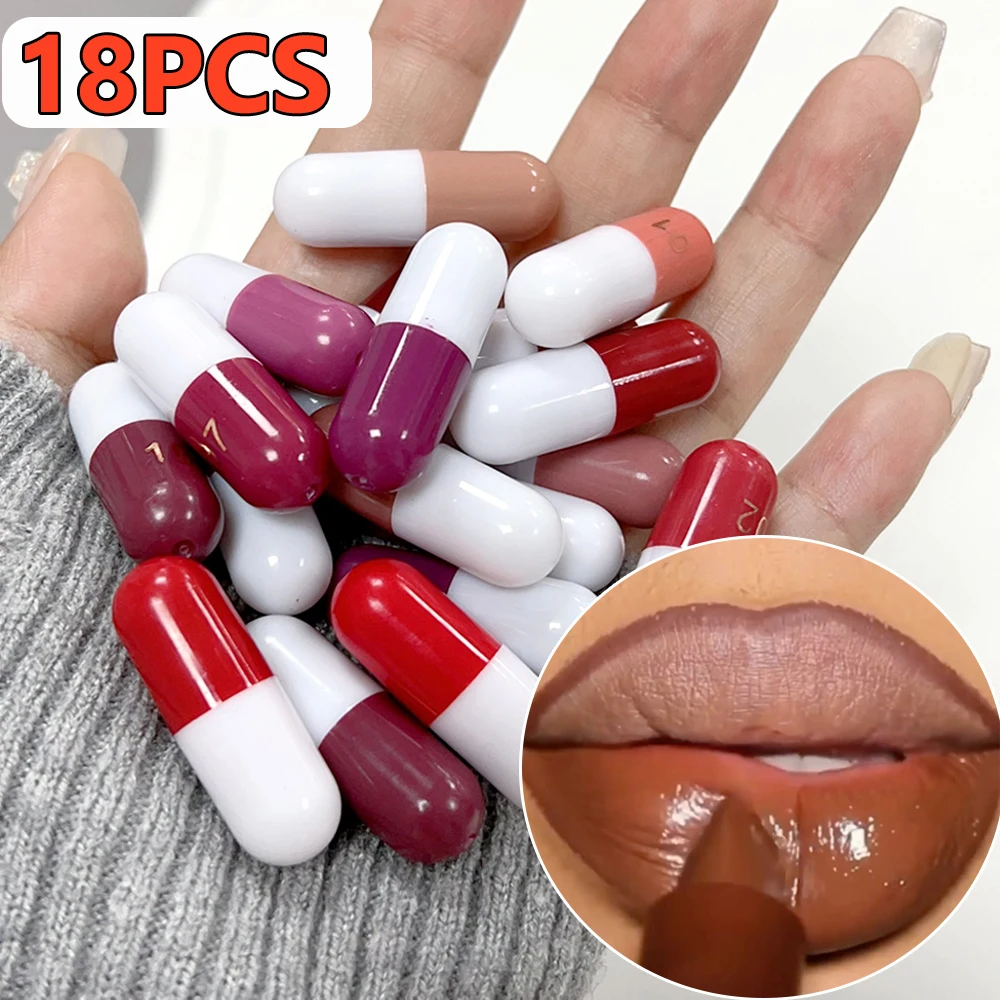 Mini Capsule Lipstick Set 18colors Matte Velet Lip Gloss Silky Soft Lip Tinted Red Long-lasting Colored Non-stick Cup Lipsticks