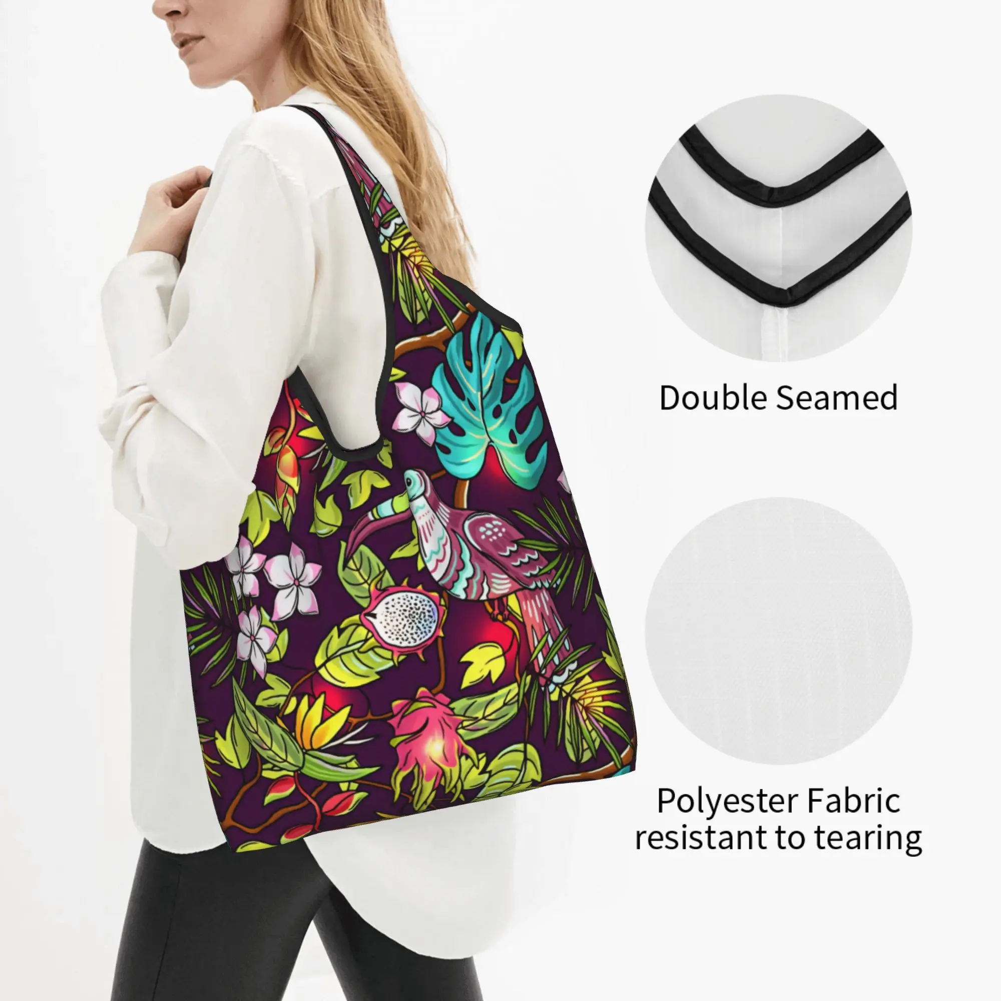 Hawaiian Style Tropical Botanical Flowers Groceries Tote Shopping Bags Cute Monstera Palm Leaves Shoulder Shopper Bags  Handbags
