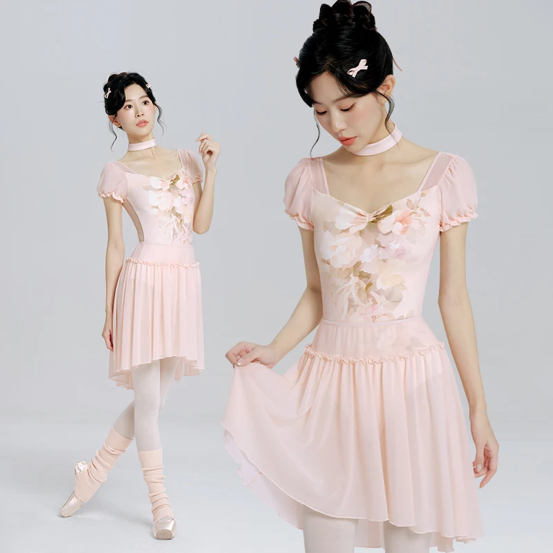 Women's Ballet Leotards Adult Bouquet Printed Mesh Splice Dance Bodysuit Adult Short Sleeve Dance Yoga Gymnastic Leotards