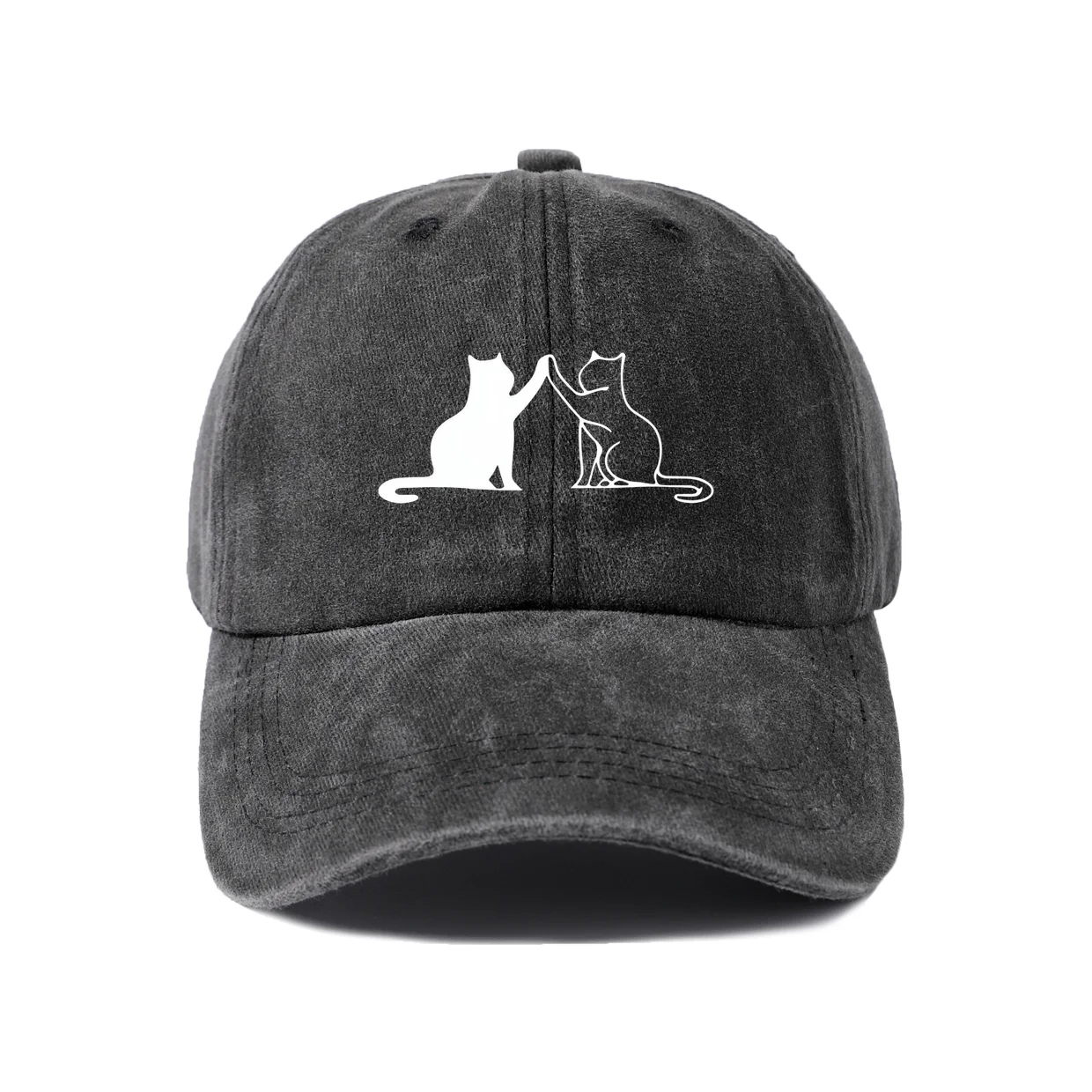 Cat and Dog Line Art Graphic Baseball Cap, Vintage Washed Adjustable Unisex Dad Hat, Everyday Gift
