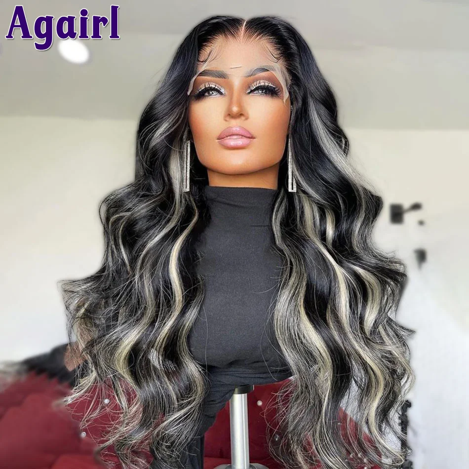 

Silver Grey WIth Black Highlight Transparent Lace Frontal Wavy Human Hair Wigs Ready Go Lace Front Body Wave Wig For Black Women