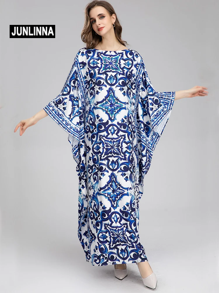 JUNLINNA Robe Fashion Women Dress Crew Neck Batwing Sleeve Rhinestone Beading White Blue Porcelain Printed Loose Long Vestidos