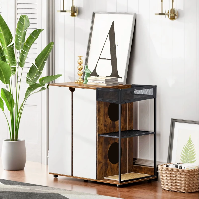 Litter box cabinet for 2 cats, rustic brown cat furniture cabinet with storage rack