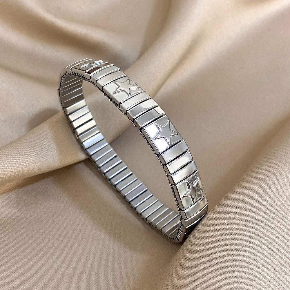 Vintage italienischer Charme elastische Edelstahl Sternmuster Armband Armreifen für Frauen Männer Armband Gliederkette verstellbar – Detail 6