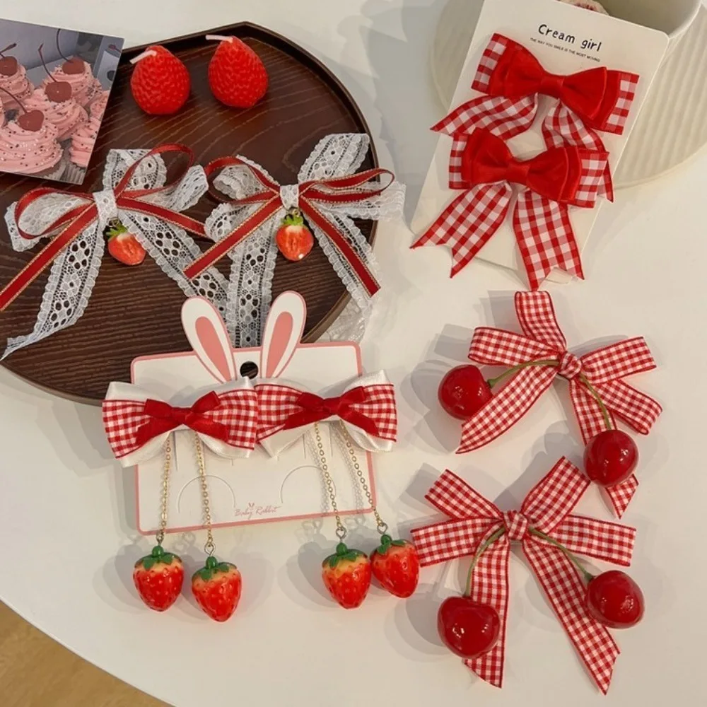 

1pair Red Cherry Cloth Bow Girls Hair Clip Plaid Lace Bow Ribbon Strawberry Cherry Hairpin Kawaii Clip Barrettes Headwear