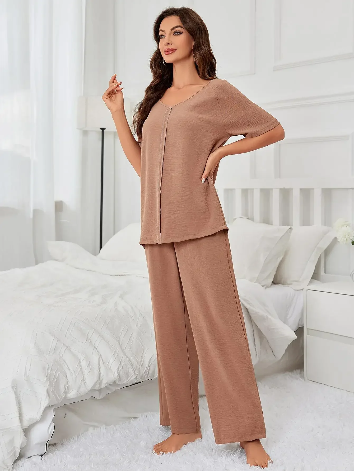 Solid V Neck Women Pajama Sets Short Sleeves Top & Full-Length Pants Female 2 Pieces Sleepwear Nightwear Homwear Clothing