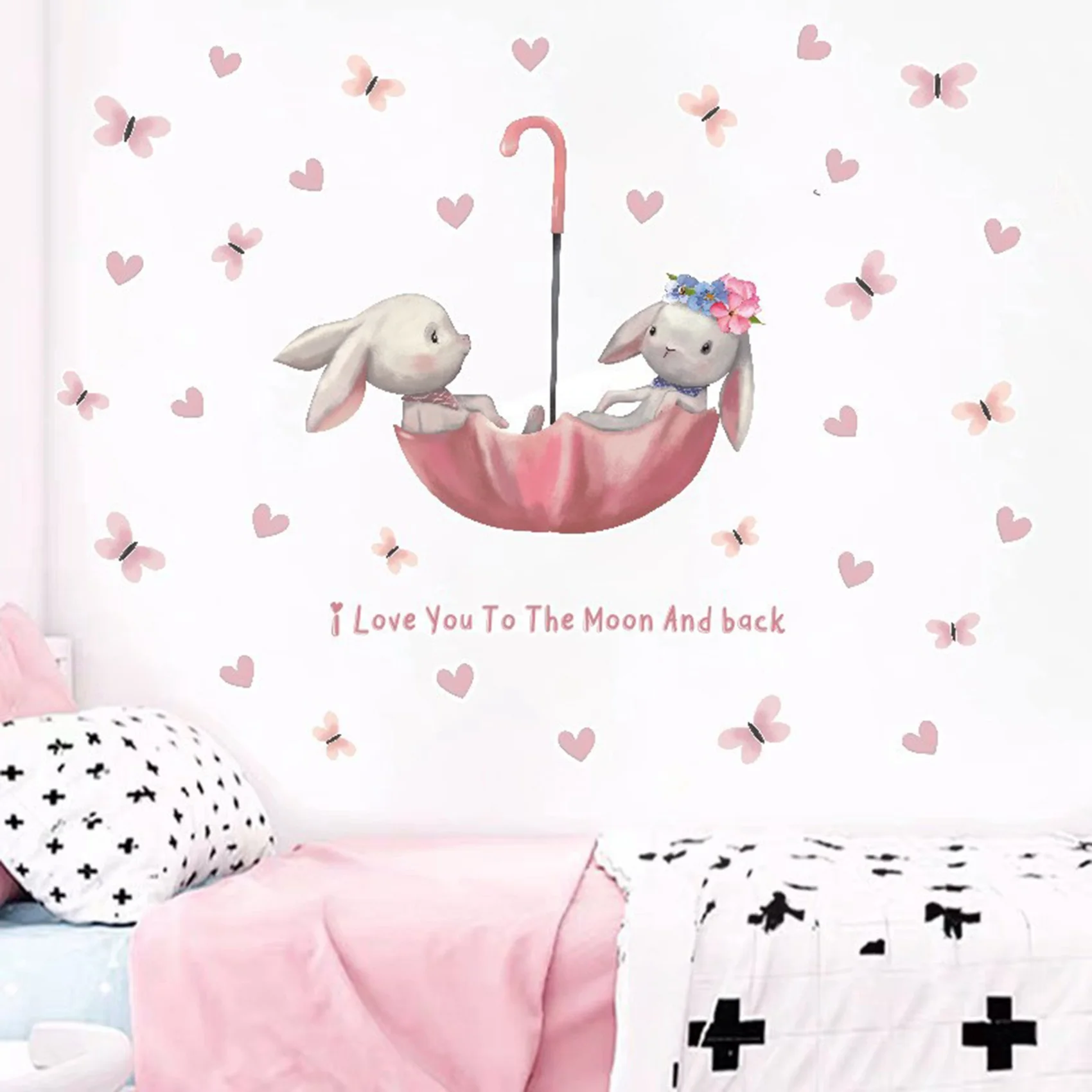 Cartoon Rabbit Butterfly Umbrella Bunny Wall Stickers for Kids Room Baby Room Decor Wall Decals Room Interior