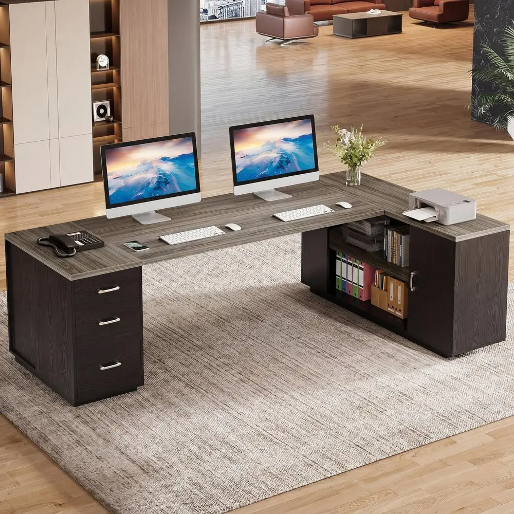

85.8Inch LShaped Executive Desk with File Drawers, Door Cabinet amp Shelves, Extra Large Commercial Office Desk, Modern Profess