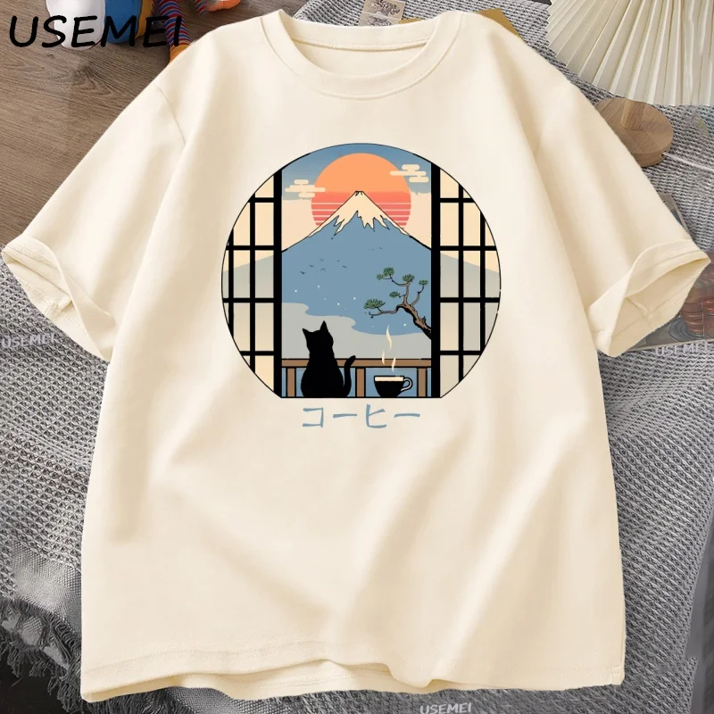 

Coffee Cat in Mt Fuji T-shirt Men Women Round Neck Short Sleeve Tshirt Japanese Style Printed T-Shirt Cotton Oversized Tops