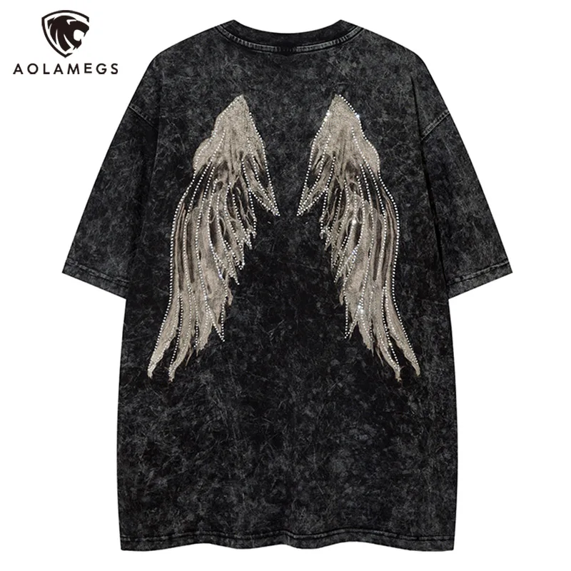 Men Retro T Shirts Rhinestone Wing Washed Short Sleeve T Shirt High Street Fashion Couple Tees Oversize Basketball Sport Tops