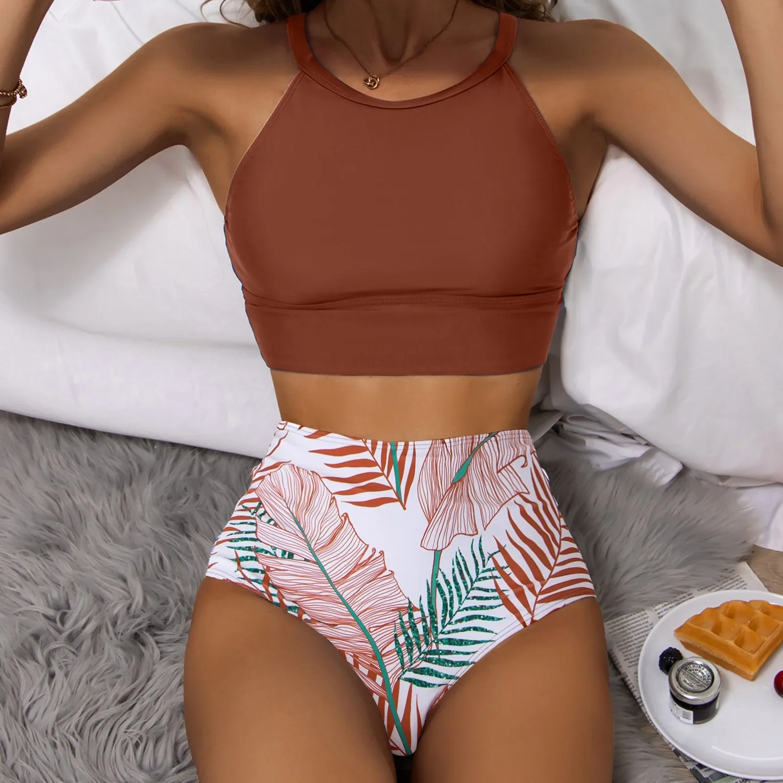 Women'S Tropical Printed Sexy Split Swimsuit Sports Tight Fitting High Waist Bikini Set High Elastic Swimwear Women'S Swimsuit