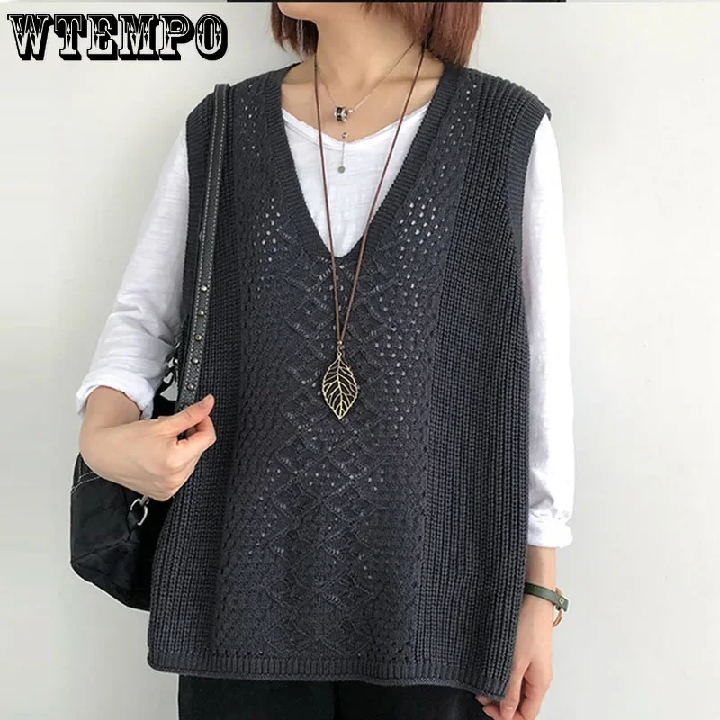 WTEMPO Women\'s Retro Sleeveless Knitted Vest Ladies Hollow Out Waistcoat Loose Spring Autumn Breathable Gilet Sweater