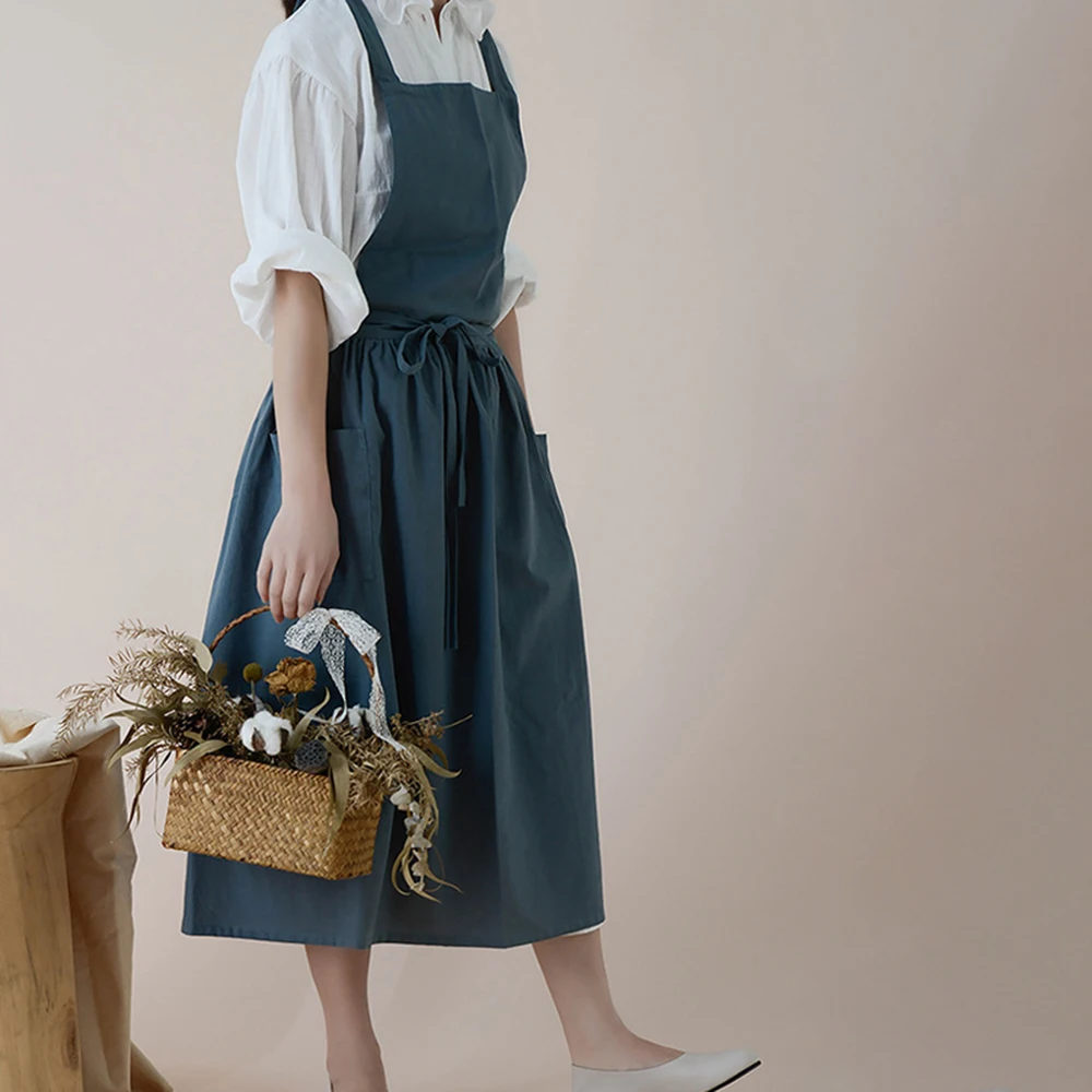 Jananese Summer Apron Art  Long Home Baking Dessert Teacher Floral Painting Students Dress Apron For Woman Girl Kitchen