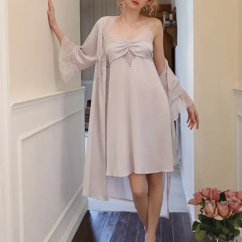 Women Robe Sets Sexy V Neck Nightwear Peignoir Sleeping Dress Two Pieces Ice Silk Nightdress Spring Summer Satin Night Dress