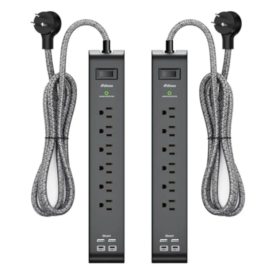 

Long Power Strip Surge Protector - with 6 Outlets 4 USB Ports, Heavy-Duty Extension, Flat Plug, 900 Joules, 15A Circuit Breaker
