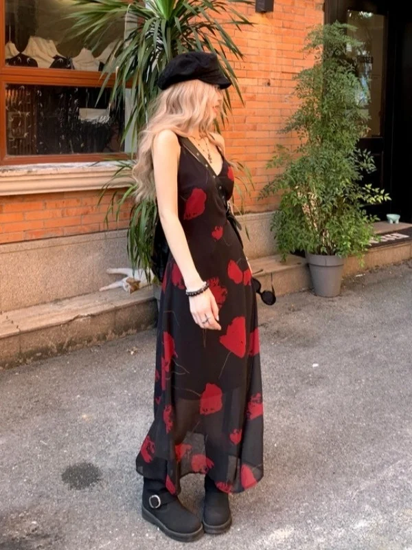 

plus Size Floral Print Halter Dress Women's Summer New Waist Cinching A-Line Long Dress Trendy Korean Style High Waist Long S...